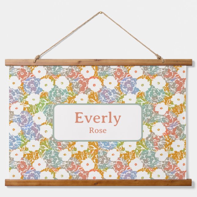 Colourful Floral Custom Name Chic Nursery Decor  Hanging Tapestry (Front)