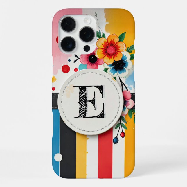 Colourful Floral Design Circle Frame Chic Monogram iPhone Case (Back)