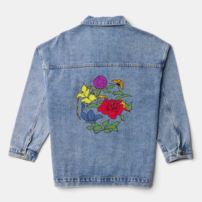 Colourful Floral Design Denim Jacket (Back)