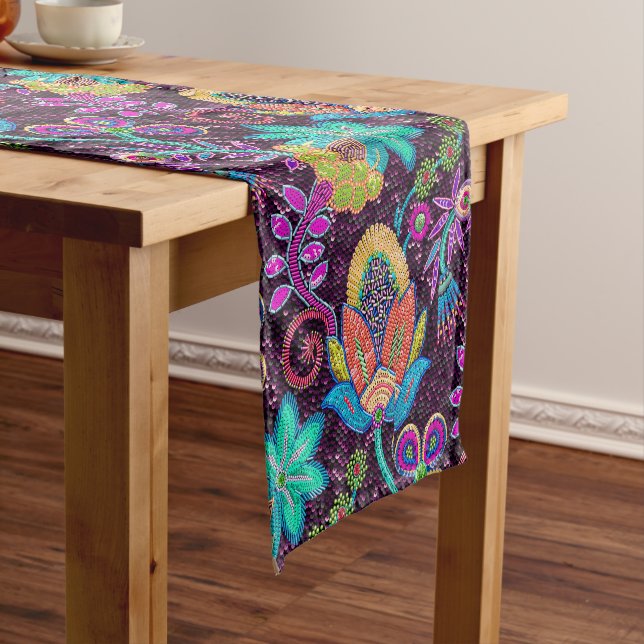 Colourful Floral Design Faux Glass-beads Short Table Runner (In Situ)
