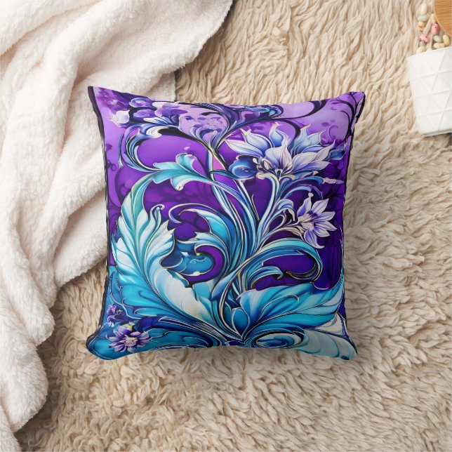 Colourful Floral Design With Blue and Purple Hues Cushion (Blanket)