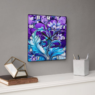 Colourful Floral Design With Blue and Purple Hues Square Wall Clock