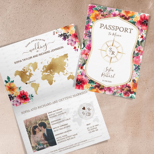 Colourful Floral Destination Wedding Passport Invitation (rustic colorful watercolor roses passport invitation)