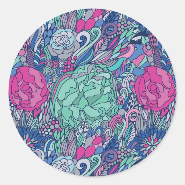 Colourful Floral Doodle Pattern Classic Round Sticker (Front)
