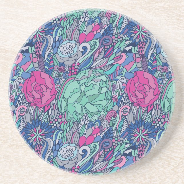 Colourful Floral Doodle Pattern Coaster (Front)