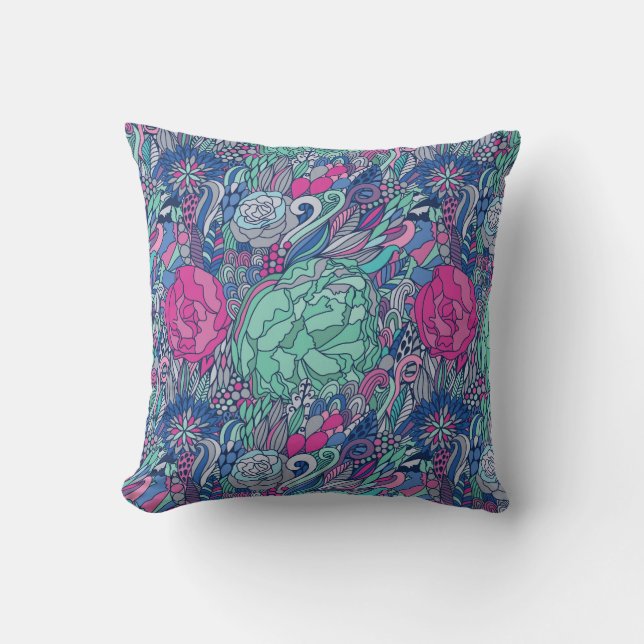 Colourful Floral Doodle Pattern Cushion (Front)