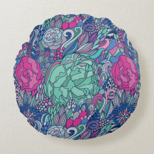 Colourful Floral Doodle Pattern Round Cushion