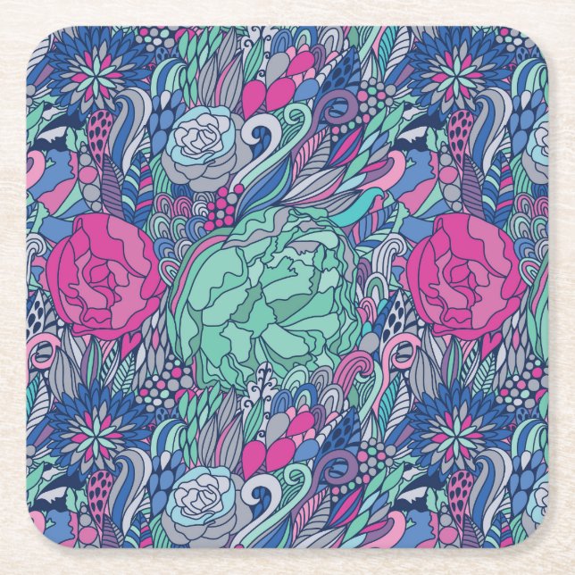 Colourful Floral Doodle Pattern Square Paper Coaster (Front)