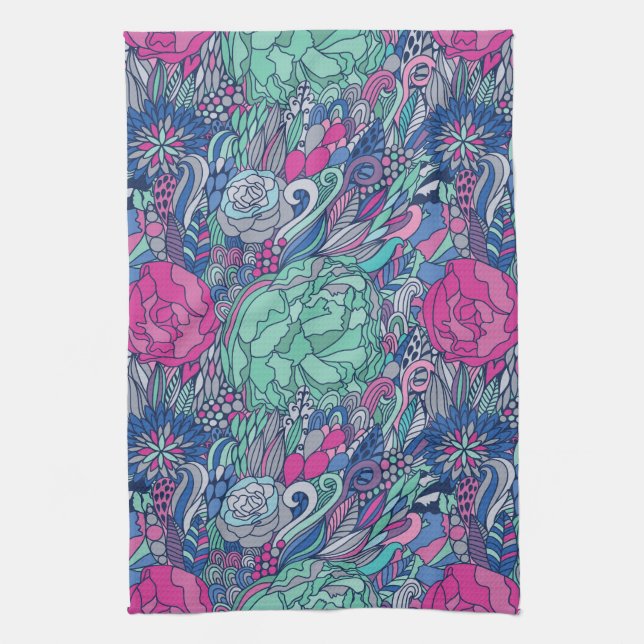 Colourful Floral Doodle Pattern Tea Towel (Vertical)
