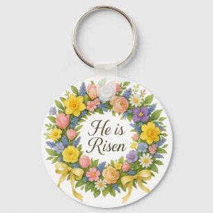 Colourful Floral Easter He is Risen wreath Key Ring
