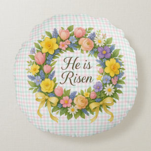 Colourful Floral Easter He is Risen wreath Round Cushion