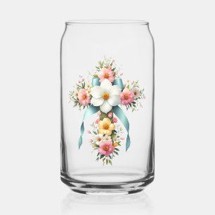 Colourful Floral Easter/Spring Cross Can Glass