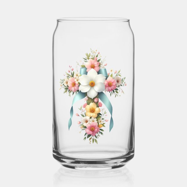 Colourful Floral Easter/Spring Cross Can Glass (Front)