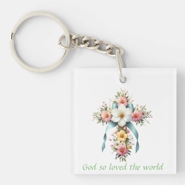 Colourful Floral Easter/Spring Cross Key Ring (Front)