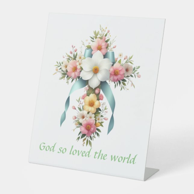 Colourful Floral Easter/Spring Cross Pedestal Sign (Front)