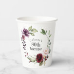 Colourful Floral Elegant 80th Birthday Paper Cups<br><div class="desc">Custom paper cups to celebrate a milestone birthday, this feminine floral design features garden roses in bright watercolor hues of red, plum purple, and blush pink with lush greenery. The text template may be personalised with the guest of honour's name and age. Shown here as an 80th birthday, you can...</div>