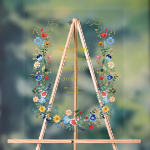 Colourful Floral Elegant Gold Wedding Welcome Acrylic Sign