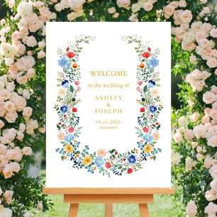 Colourful Floral Elegant Gold Wedding Welcome Poster