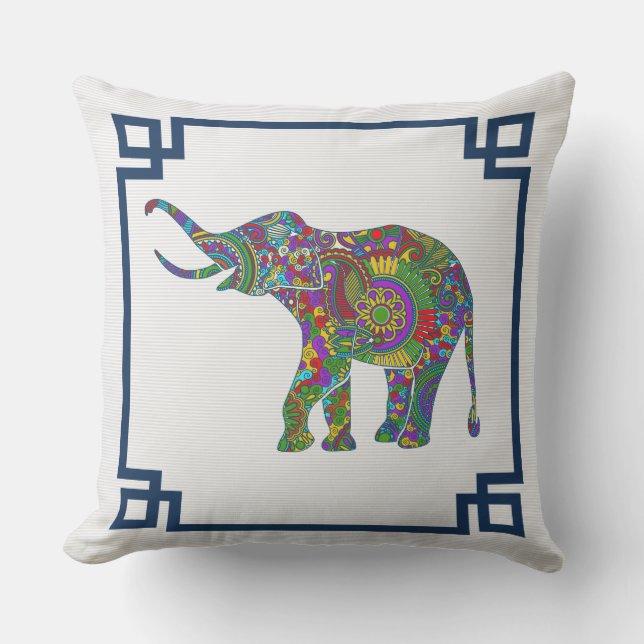 Colourful Floral Elephant Blue Frame Cushion (Front)