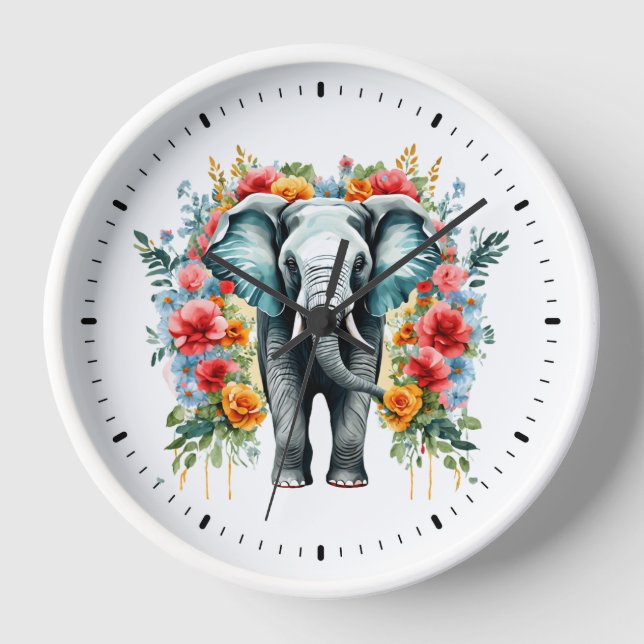 Colourful Floral Elephant Clock (Front)