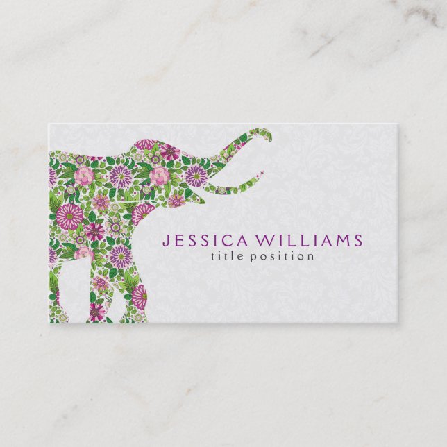 Colourful Floral Elephant Illustration Business Card (Front)