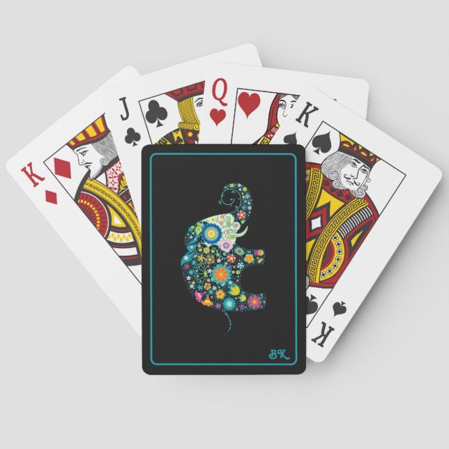 Colourful floral elephant on black playing cards (Back)