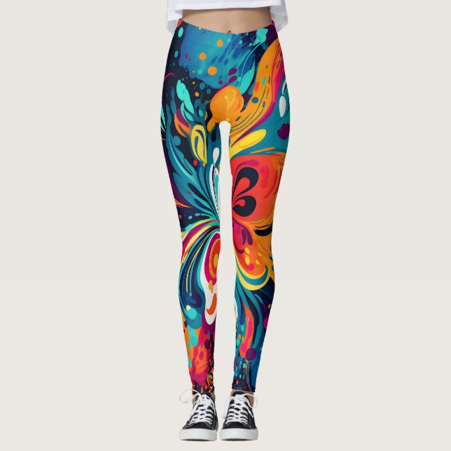 Colourful Floral Explosion: Abstract Floral Swirl Leggings (Front)