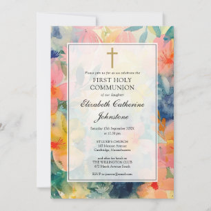 Colourful Floral First Holy Communion Invitation