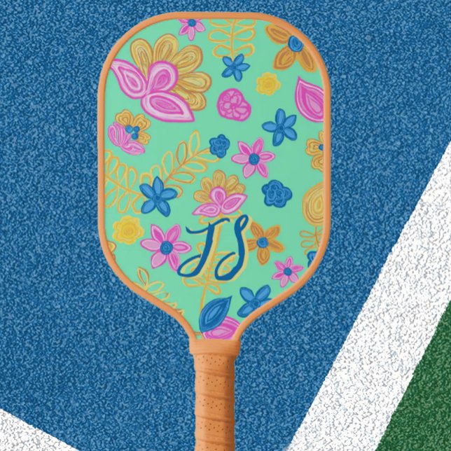 Colourful Floral Folk Art Custom Monogram  Pickleball Paddle (Creator Uploaded)