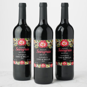 Colourful Floral Folk Art Sangria Wedding Wine Label
