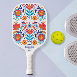 Colourful Floral Folk Pattern Custom Text Name Pickleball Paddle