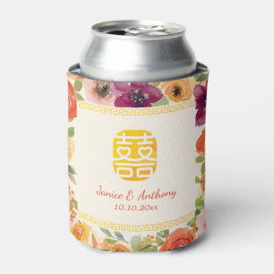 Colourful floral frame beige Chinese wedding  Can Cooler