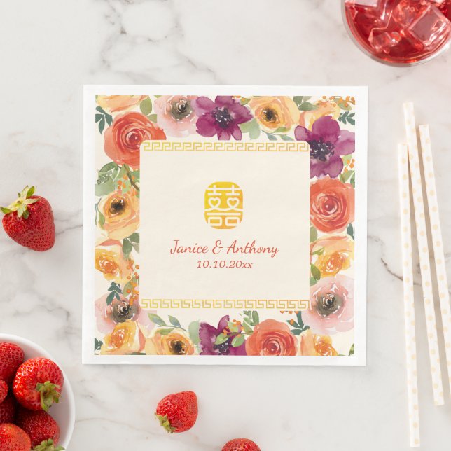 Colourful floral frame beige Chinese wedding  Napkin (Insitu)