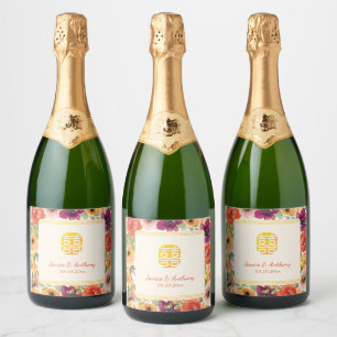 Colourful floral frame beige Chinese wedding Sparkling Wine Label