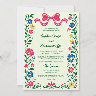 Colourful Floral Frame Bow Wedding Invitation