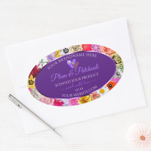 Colourful Floral Frame Purple Product Labels Heart (Envelope)
