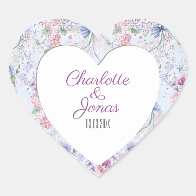 Colourful Floral Frame- Save The Date Heart Sticker (Front)