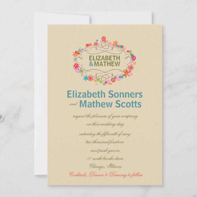 Colourful floral frame - wedding invitation (Front)