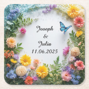 Colourful Floral Frame with Blue Butterfly Square Paper Coaster