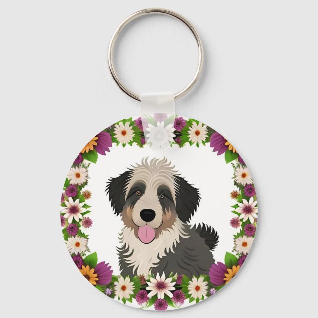 Colourful Floral Frame with Cute Dog Illustration Key Ring (Front)