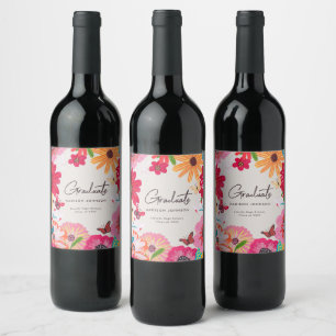 Colourful Floral Garden Graduation Celebration Wine Label