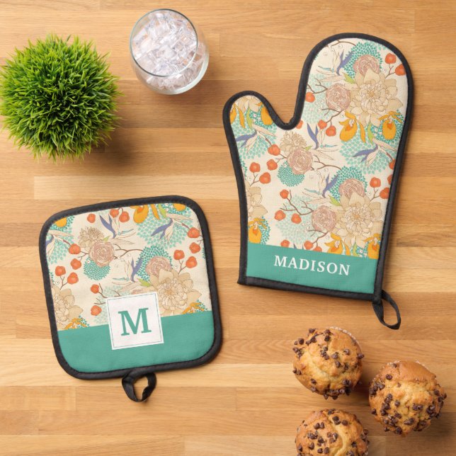 Colourful Floral Garden Pattern Oven Mitt & Pot Holder Set (Top Down)