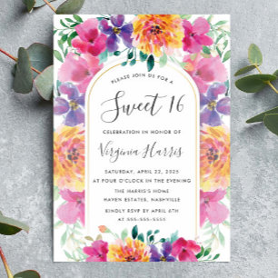 Colourful Floral Garden Sweet Sixteen 16 Birthday Invitation