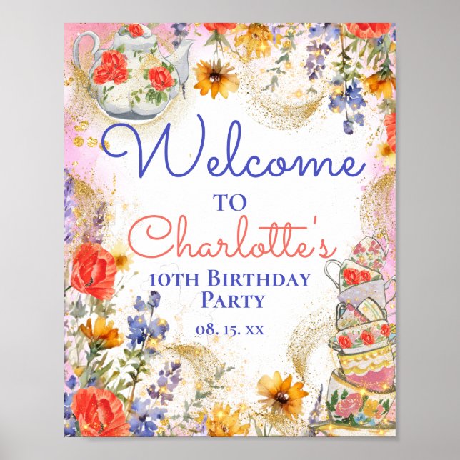Colourful Floral Garden Tea Party Birthday Welcome Poster (Front)