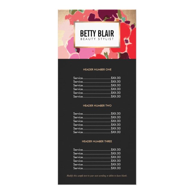 Colourful Floral Gold Elegant  Beauty Price List Rack Card (Front)