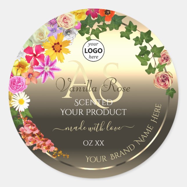 Colourful Floral Gold Product Labels Monogram Logo (Front)