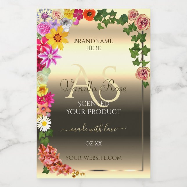 Colourful Floral Gold Product Labels with Monogram (Single Label)