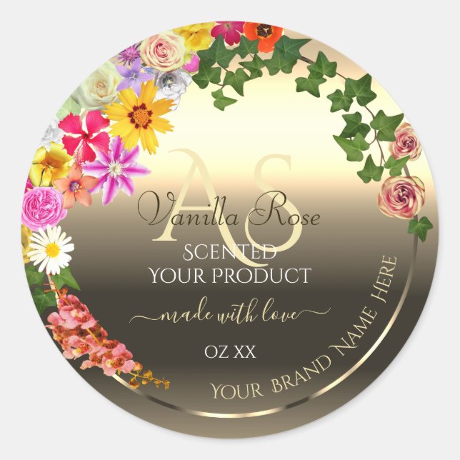 Colourful Floral Gold Product Labels with Monogram (Front)