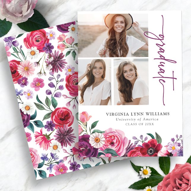 Colourful Floral Graduation Announcement (Colorful Watercolor Floral Graduation Announcement with Photo Collage by Painted Paperie)