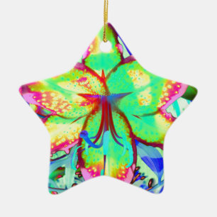 Colourful floral green pink lily tropical flowers ceramic tree decoration